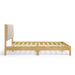 Front facing side view of a modern wood frame light brown corduroy tufted headboard queen platform bed on a white background