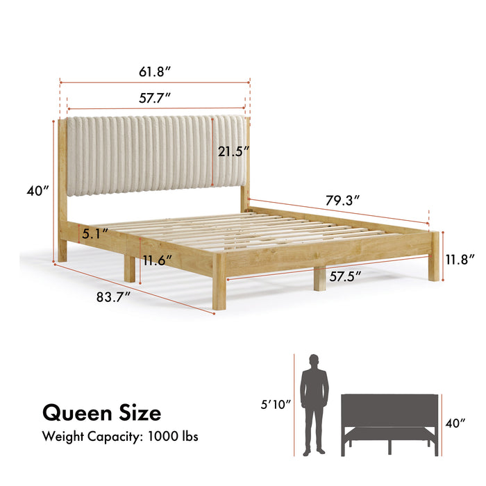 Informational image of a modern wood frame light brown corduroy tufted headboard queen platform bed overlaid with dimensions, on a white background