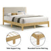 Informational image of a modern wood frame light brown corduroy tufted headboard queen platform bed highlighting its legs, on a white background