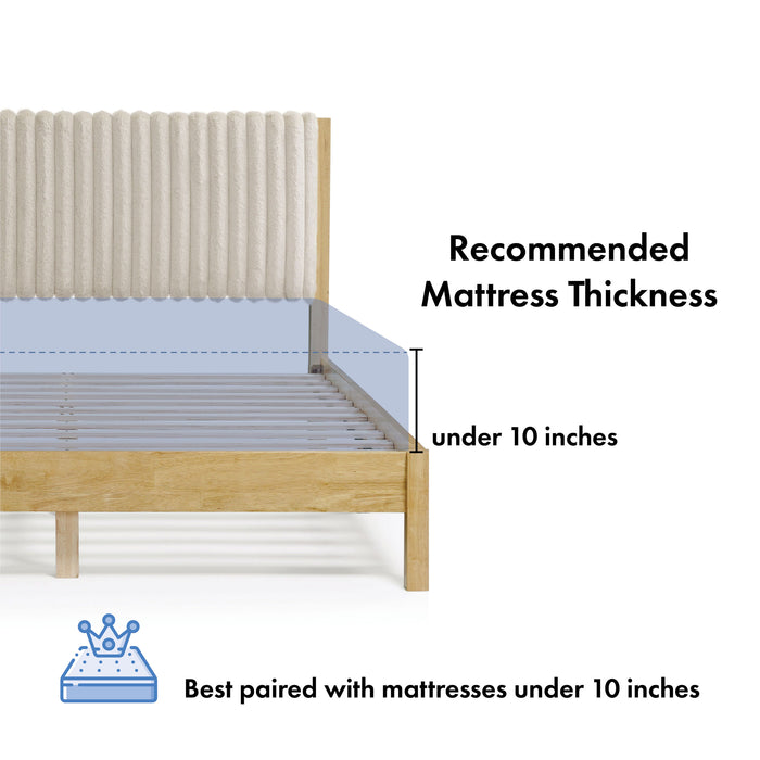 Informational image of a modern wood frame light brown corduroy tufted headboard queen platform bed showing mattress thickness, on a white background