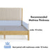 Informational image of a modern wood frame light brown corduroy tufted headboard queen platform bed showing mattress thickness, on a white background