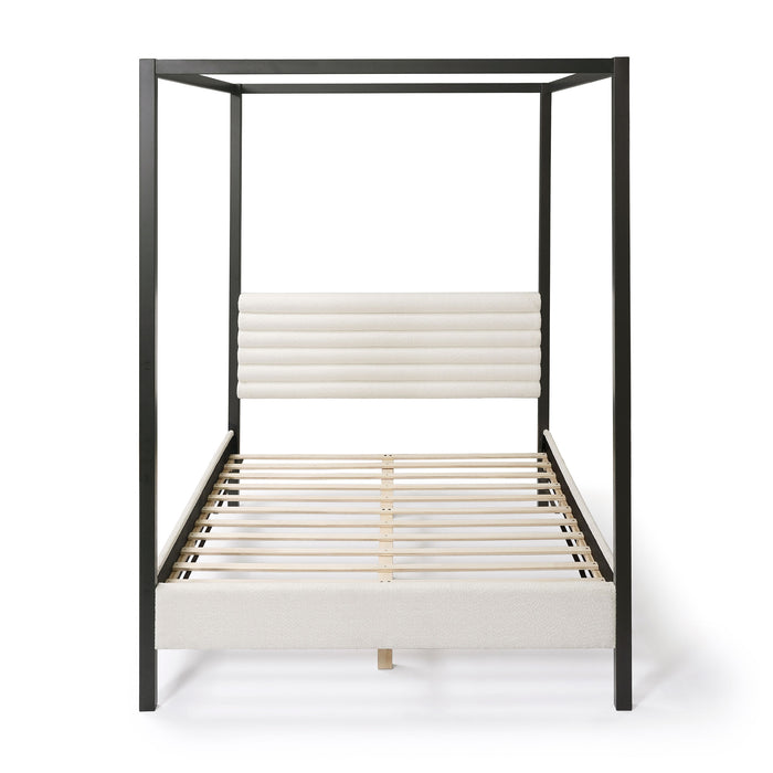 Front facing modern black finish queen canopy platform bed with white boucle upholstery on a white background