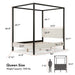 Informational image with dimensions and additional detail for a modern black finish queen canopy platform bed with white boucle upholstery on a white background