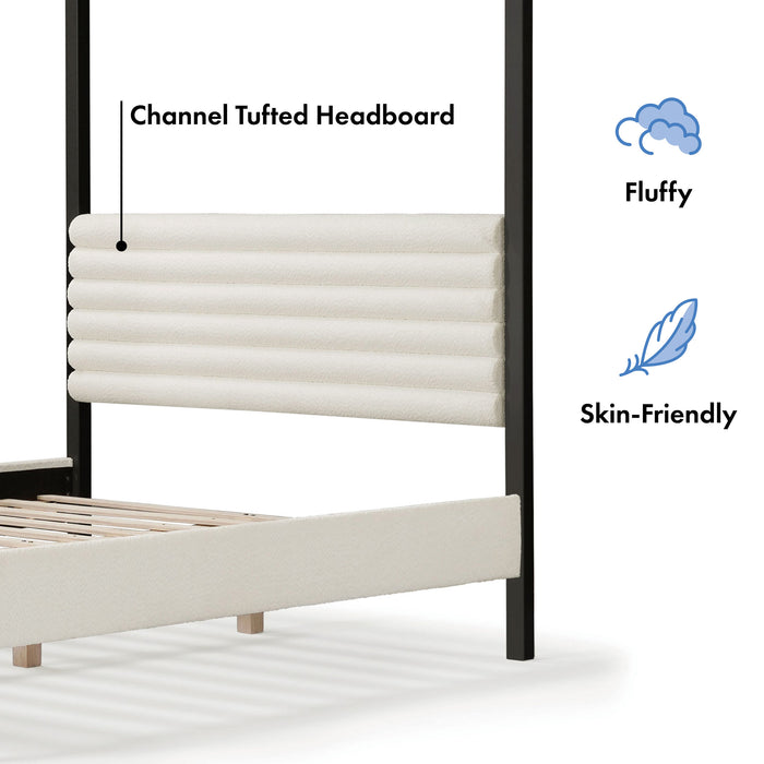 Informational image about the channel tufted headboard of a modern black finish queen canopy platform bed with white boucle upholstery on a white background