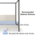 Informational image about the recommended mattress thickness of a modern black finish queen canopy platform bed with white boucle upholstery on a white background