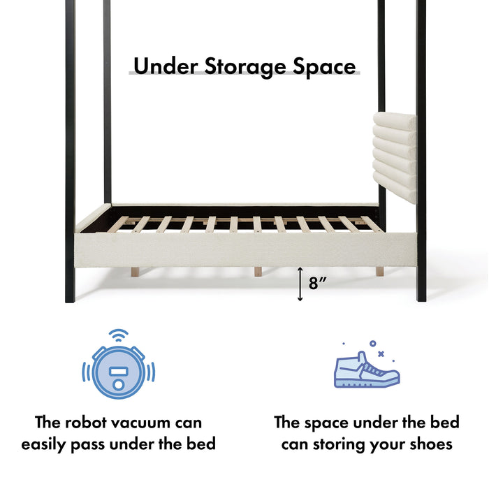 Informational image about the underbed storage of a modern black finish queen canopy platform bed with white boucle upholstery on a white background