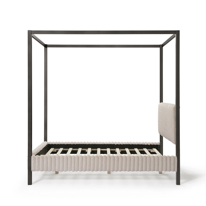 Front facing side view of a modern black finish queen canopy platform bed with light brown corduroy fur upholstery on a white background