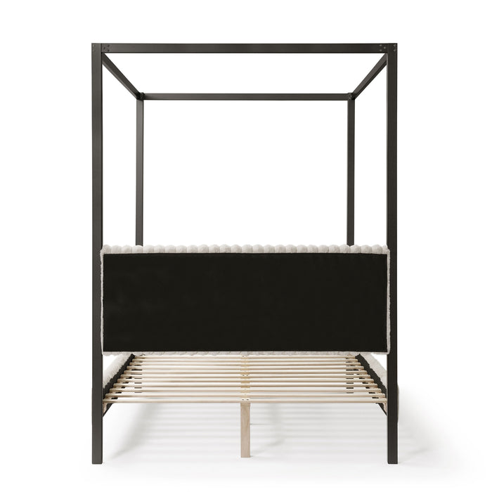 Front facing back view of a modern black finish queen canopy platform bed with light brown corduroy fur upholstery on a white background