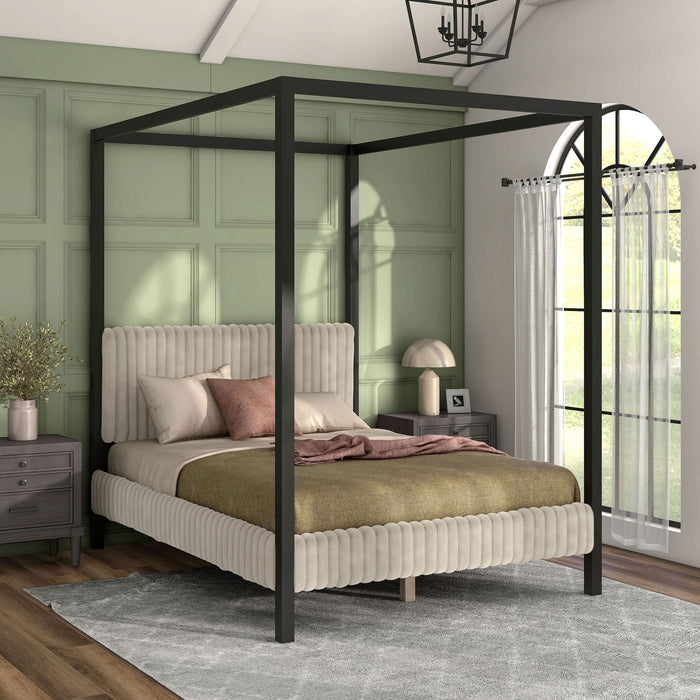 Right facing modern black finish queen canopy platform bed with light brown corduroy fur upholstery in a room with linens and accessories