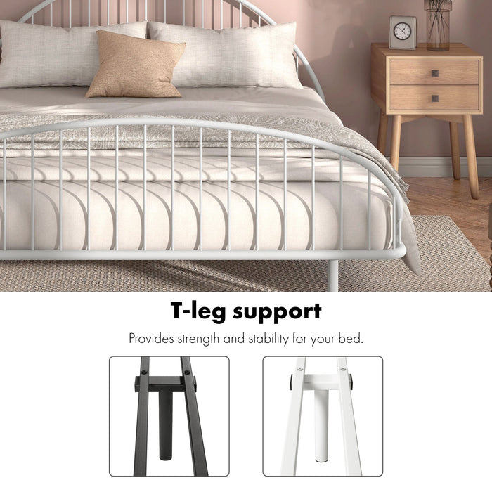 Two-panel informational image of an industrial black metal full bed frame with rounded head and footboards showing its T-leg supports