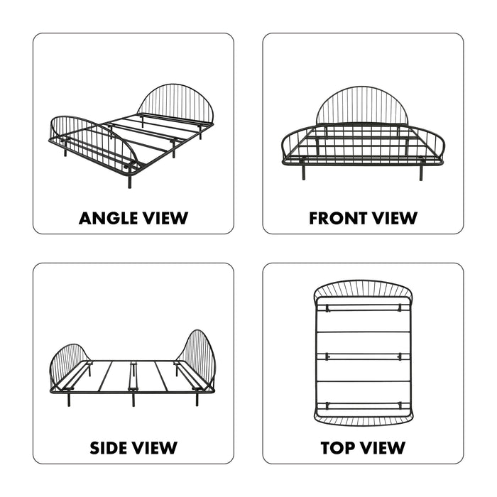 Four-panel informational image of an industrial black metal full bed frame with rounded head and footboards showing four views on white backgrounds