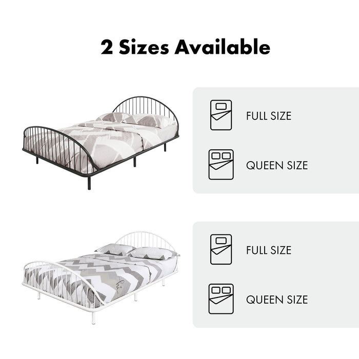 Four-panel informational image of an industrial black metal full bed frame with rounded head and footboards showing size and color options