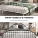 Two-panel informational image of an industrial black metal full bed frame with rounded head and footboards showing curved details