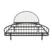 Front facing industrial black metal full bed frame with rounded head and footboards on a white background