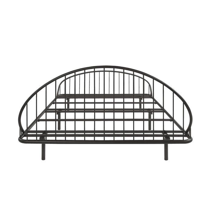 Front facing industrial black metal full bed frame with rounded head and footboards on a white background