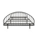 Front facing industrial black metal full bed frame with rounded head and footboards on a white background