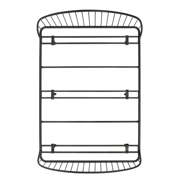 Front facing overhead view of an industrial black metal full bed frame with rounded head and footboards on a white background