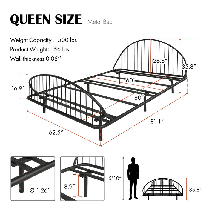 Informational image of an industrial black metal queen bed frame with rounded head and footboards overlaid with dimensions and three additional panels, on a white background