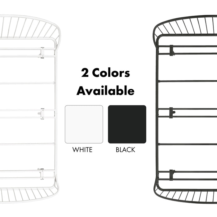 Informational image of an industrial black metal full bed frame with rounded head and footboards showing its finish options, on a white background