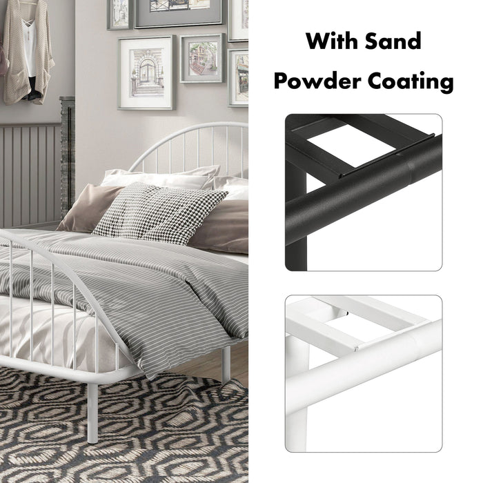 Two-panel informational image of an industrial black metal full bed frame with rounded head and footboards showing its sand powder coating finish