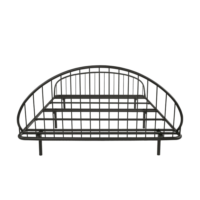 Front facing industrial black metal queen bed frame with rounded head and footboards on a white background