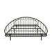 Front facing industrial black metal queen bed frame with rounded head and footboards on a white background