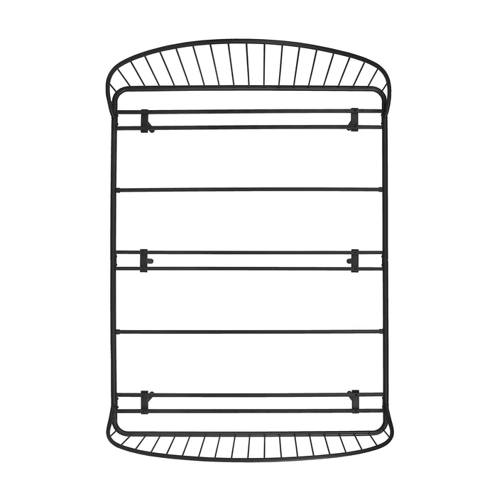 Front facing overhead view of an industrial black metal queen bed frame with rounded head and footboards on a white background