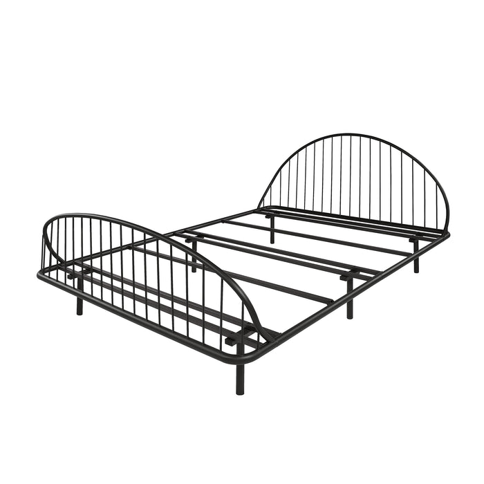 Left facing industrial black metal queen bed frame with rounded head and footboards on a white background