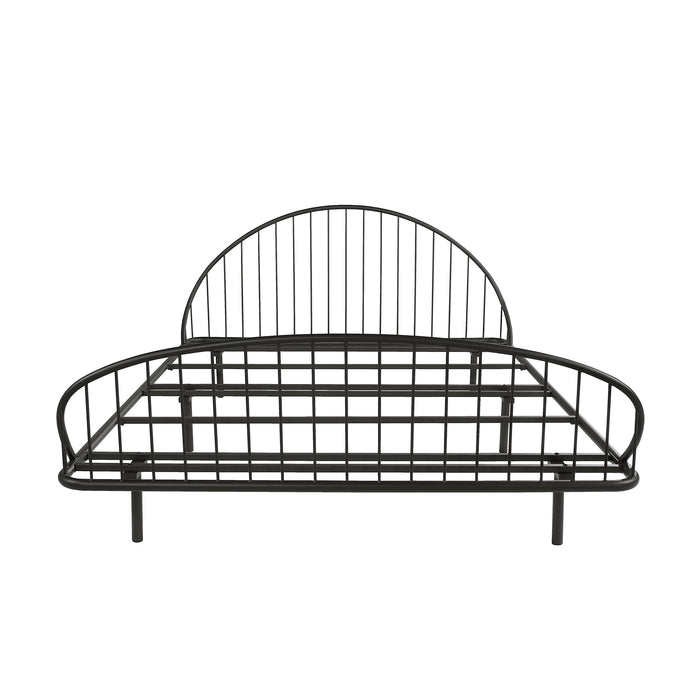 Front facing industrial black metal queen bed frame with rounded head and footboards on a white background