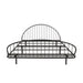 Front facing industrial black metal queen bed frame with rounded head and footboards on a white background