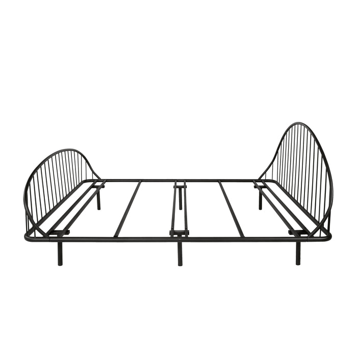 Front facing side view of an industrial black metal queen bed frame with rounded head and footboards on a white background