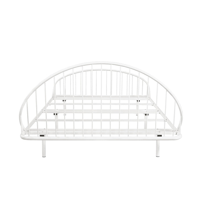 Front facing industrial white metal full bed frame with rounded head and footboards on a white background