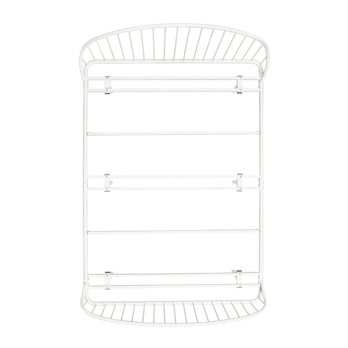 Front facing overhead view of an industrial white metal full bed frame with rounded head and footboards on a white background