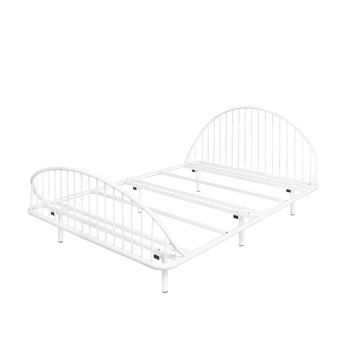 Left facing industrial white metal full bed frame with rounded head and footboards on a white background