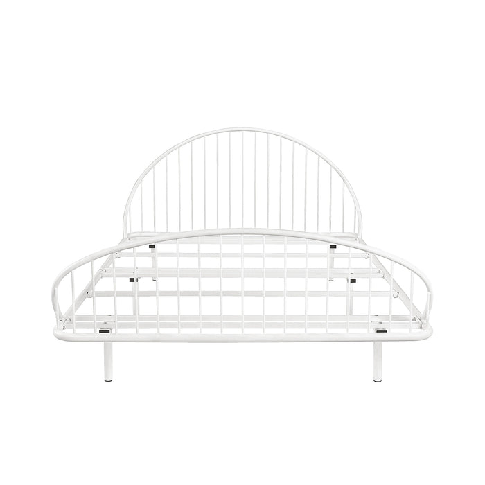 Front facing industrial white metal full bed frame with rounded head and footboards on a white background