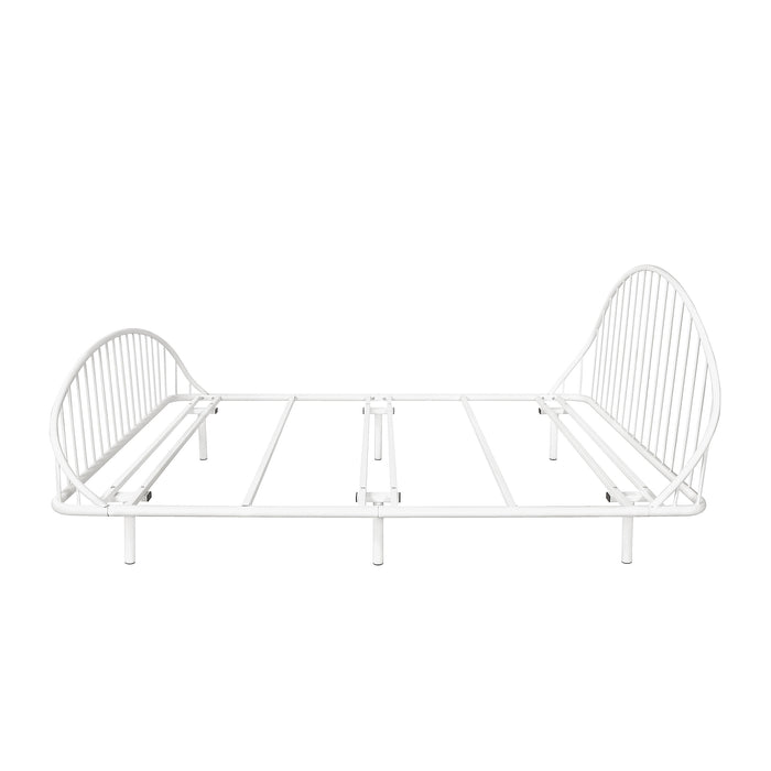 Front facing side view of an industrial white metal full bed frame with rounded head and footboards on a white background