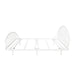 Front facing side view of an industrial white metal full bed frame with rounded head and footboards on a white background