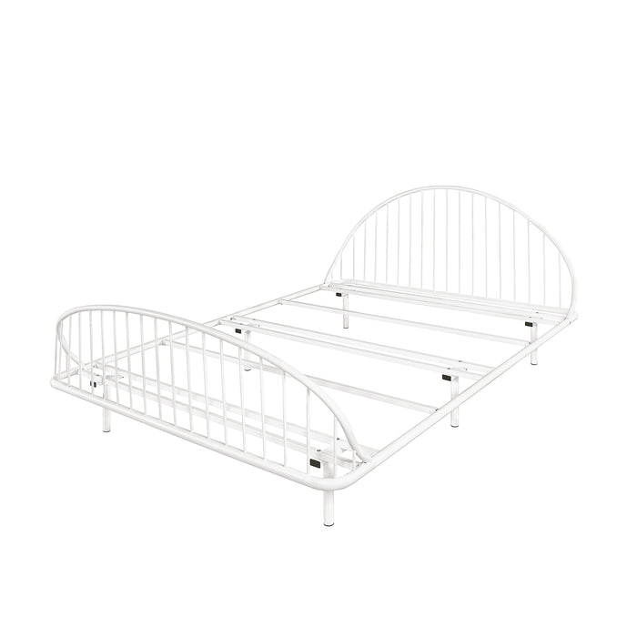 Left facing industrial white metal queen bed frame with rounded head and footboards on a white background