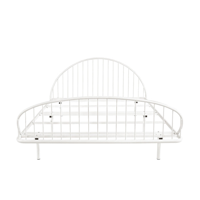 Front facing industrial white metal queen bed frame with rounded head and footboards on a white background