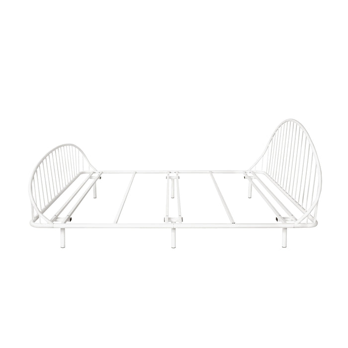 Front facing side view of an industrial white metal queen bed frame with rounded head and footboards on a white background