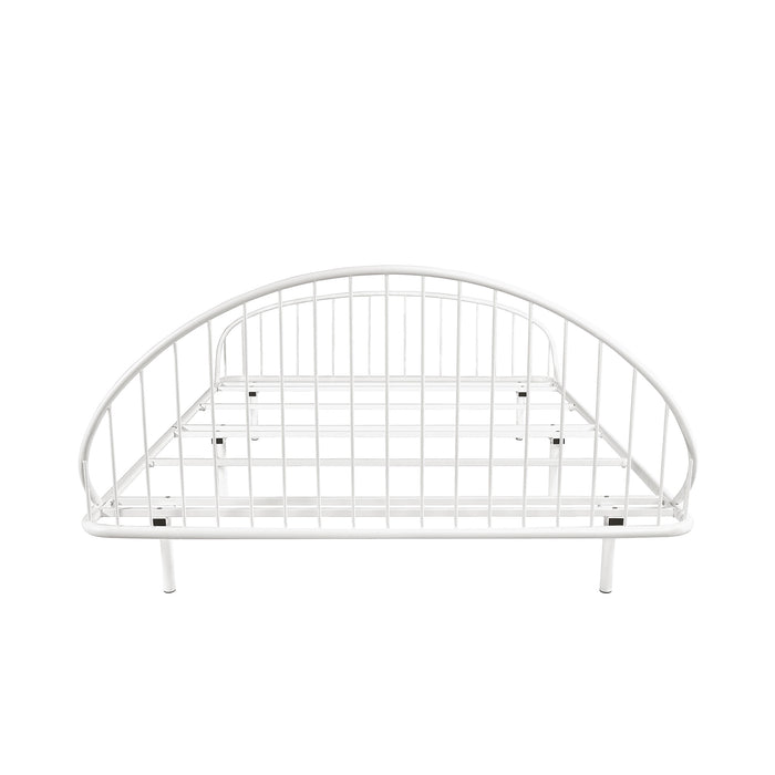 Front facing industrial white metal queen bed frame with rounded head and footboards on a white background