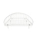 Front facing industrial white metal queen bed frame with rounded head and footboards on a white background