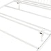 Left facing close up view of T-supports on an industrial white metal queen bed frame with rounded head and footboards on a white background