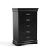 Right facing traditional black finish solid wood five-drawer chest on a white background