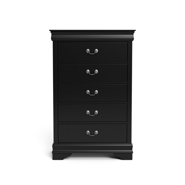 Front facing traditional black finish solid wood five-drawer chest on a white background