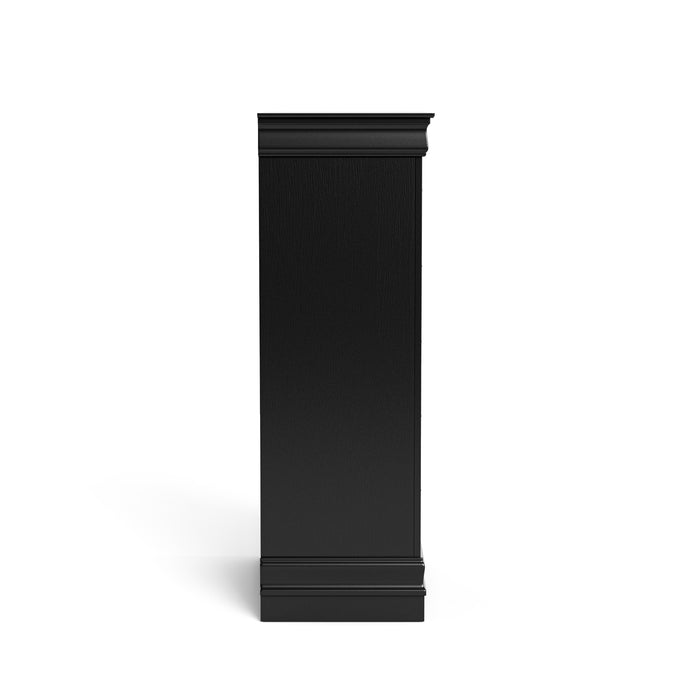 Front facing side view of a traditional black finish solid wood five-drawer chest on a white background