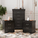 Three-piece traditional black finish bedroom set that includes (1) five-drawer chest and (2) two-drawer nightstands in a room with accessories