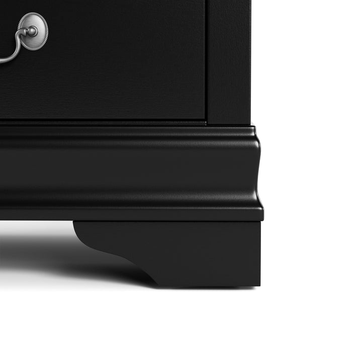 Front facing close up of a traditional black finish solid wood two-drawer nightstand showing its lower molded trim and bracket foot, on a white background