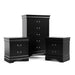 Three-piece traditional black finish bedroom set that includes (1) five-drawer chest and (2) two-drawer nightstands on a white background