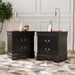 Set of two traditional black finish solid wood two-drawer nightstands in a room with accessories